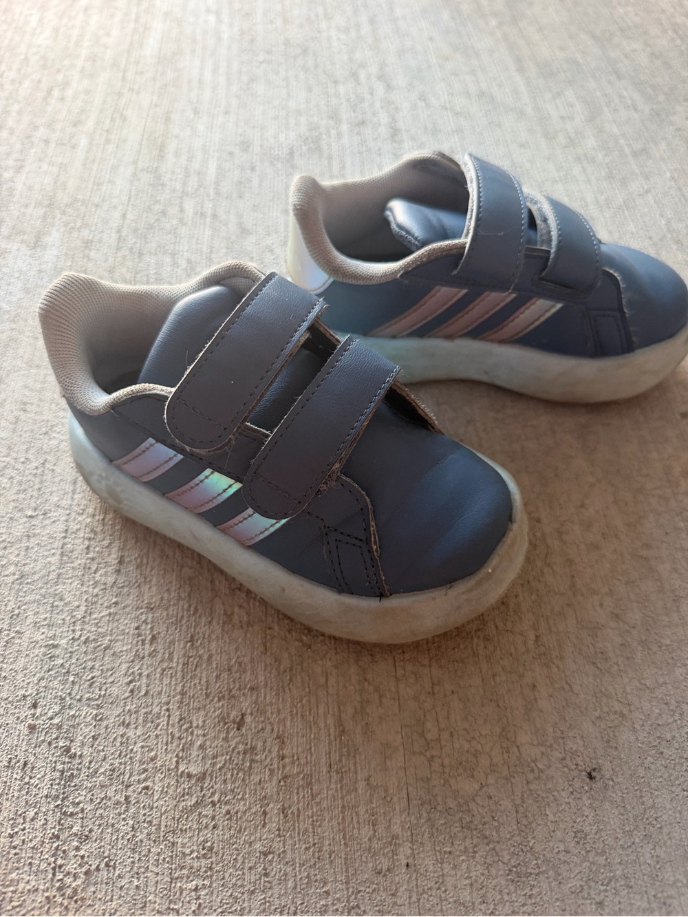 adidas Kids Blue Gray Velcro Sneakers with Iridescent Stripes